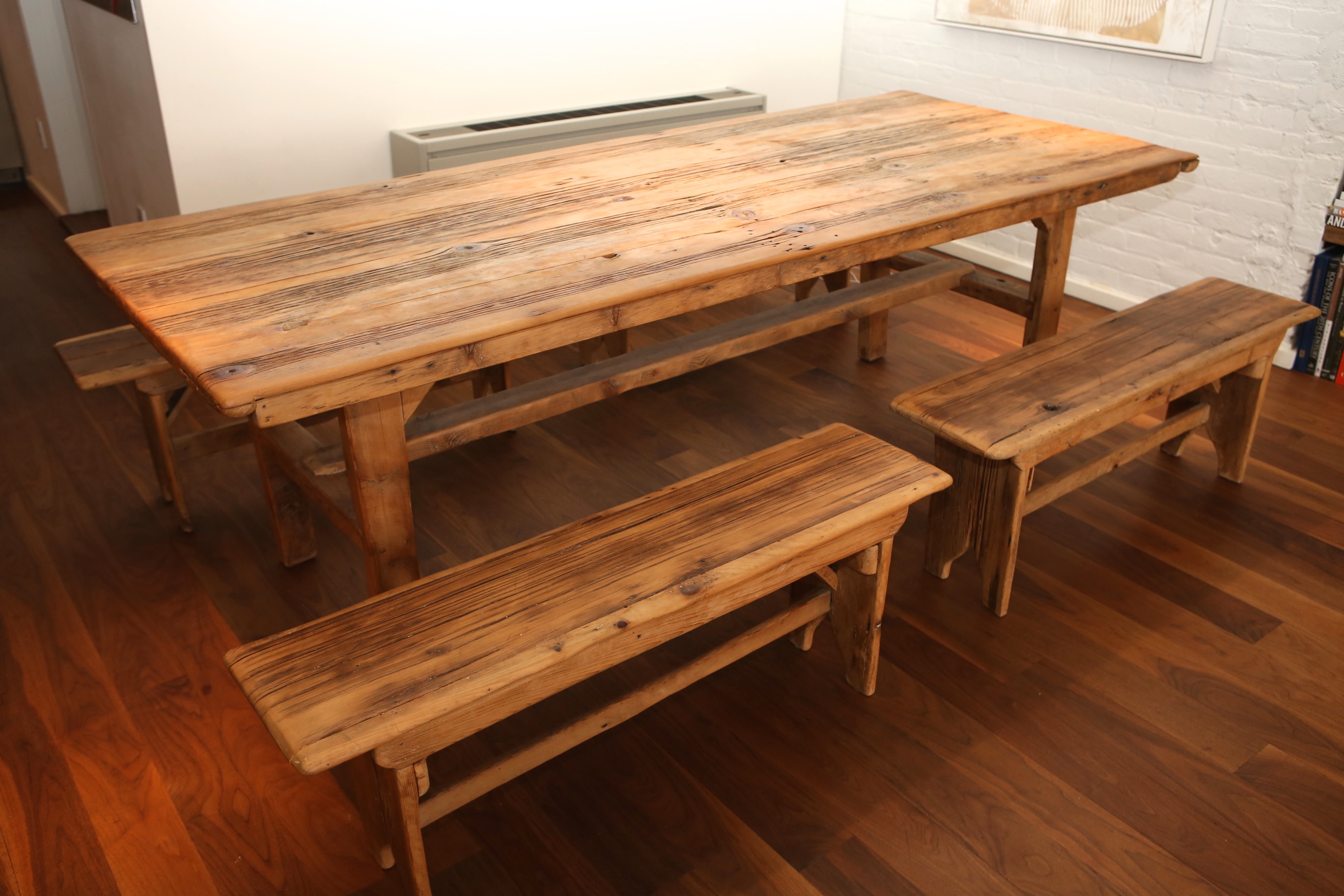 Robert Sherman Reclaimed Barnwood Dining Table and Four Benches