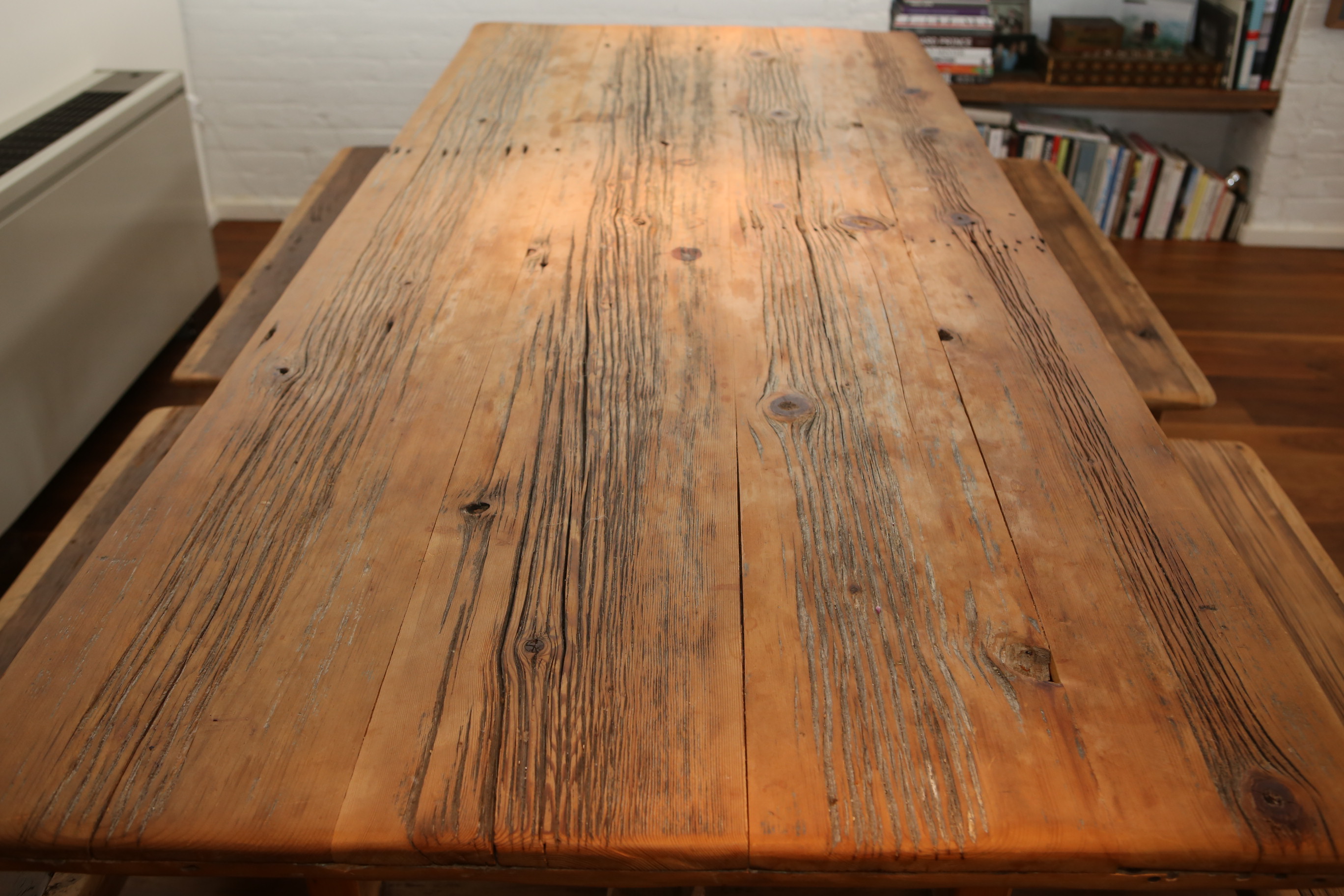 Robert Sherman Reclaimed Barnwood Dining Table and Four Benches
