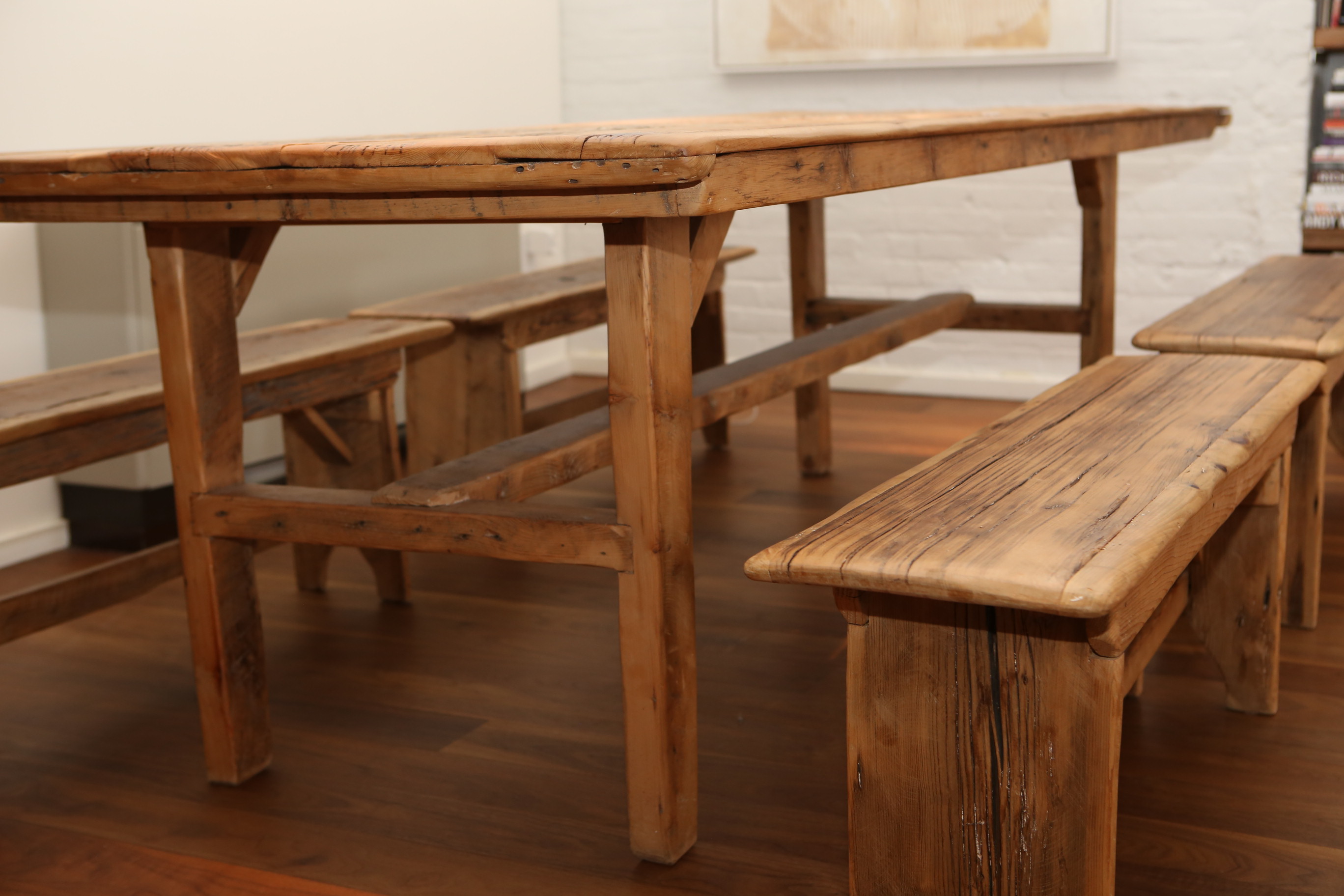 Robert Sherman Reclaimed Barnwood Dining Table and Four Benches