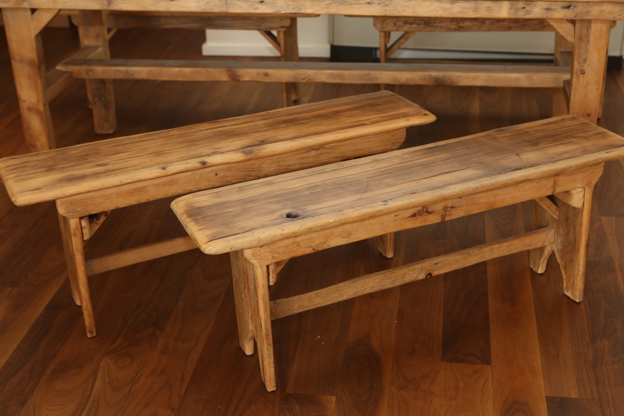 Robert Sherman Reclaimed Barnwood Dining Table and Four Benches