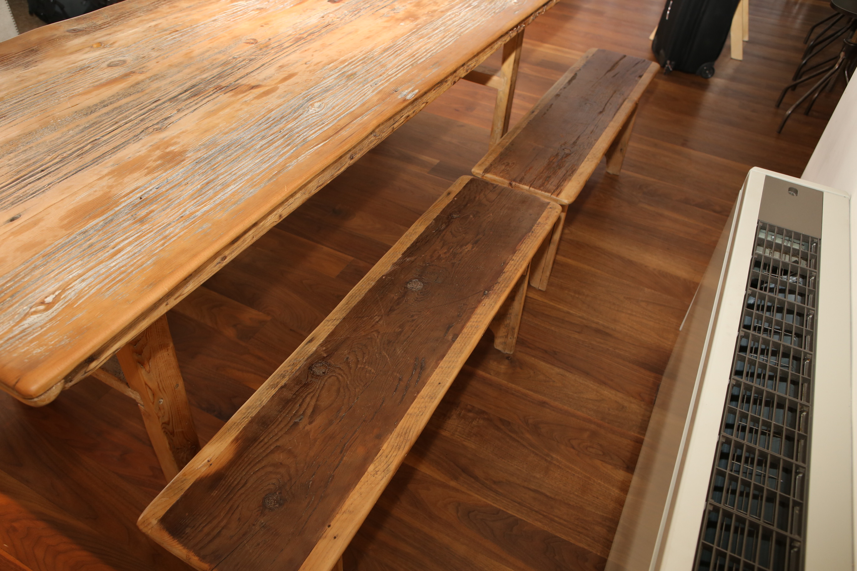 Robert Sherman Reclaimed Barnwood Dining Table and Four Benches