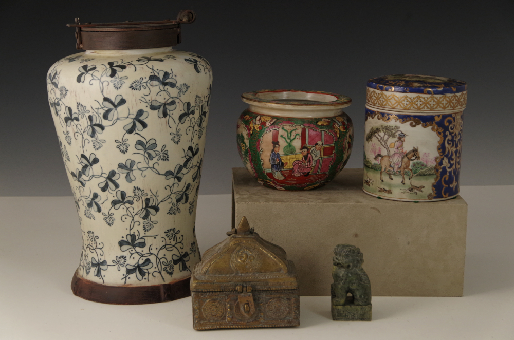 Vintage Chinese Pottery with Carved Soapstone Guardian Lion