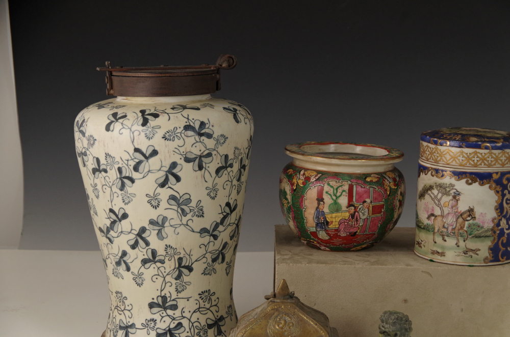 Vintage Chinese Pottery with Carved Soapstone Guardian Lion