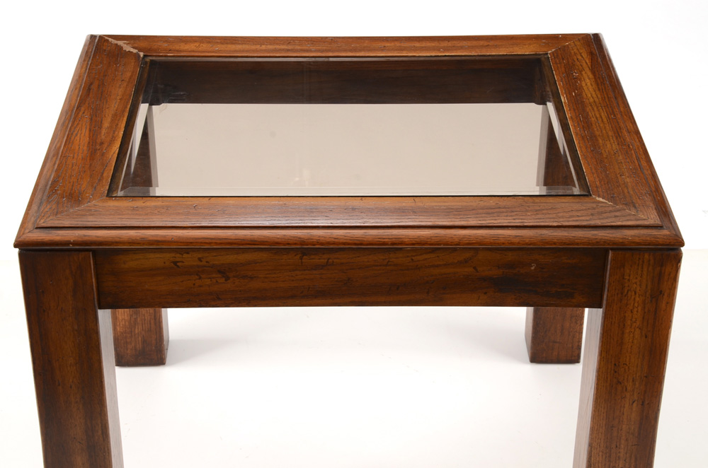 Vintage Oak Side Table with Glass Top