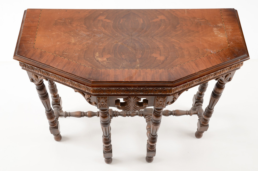 Circa 1920 Crotch Veneer Mersman Tables Console Table
