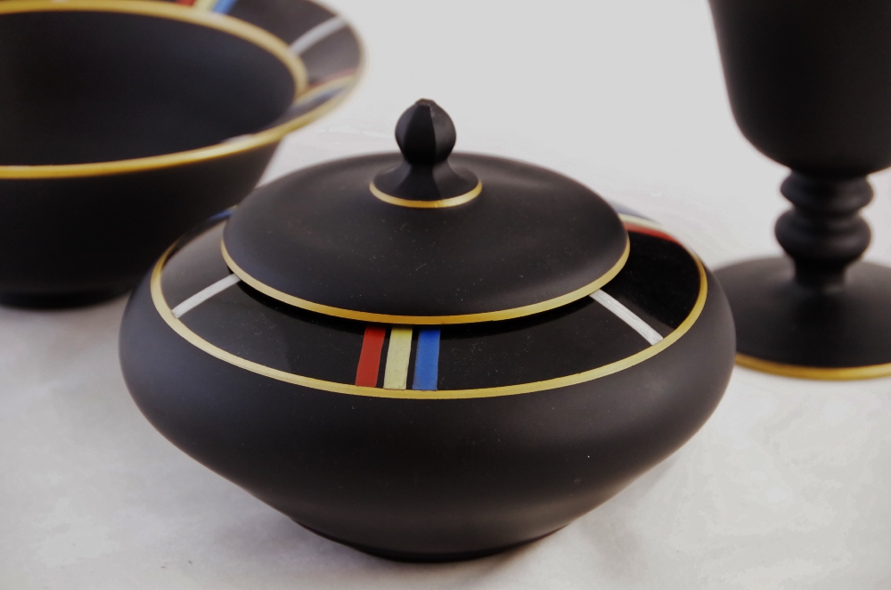 Tiffin Black Satin Glass Bowl, Compote and Covered Dish