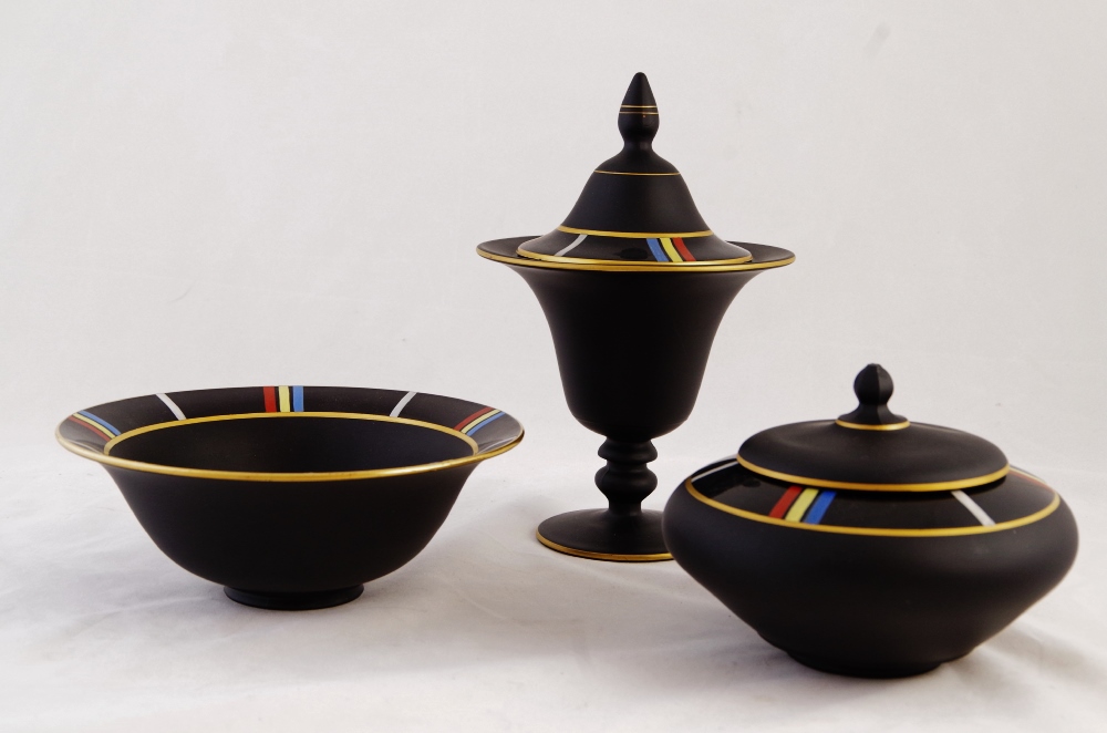 Tiffin Black Satin Glass Bowl, Compote and Covered Dish