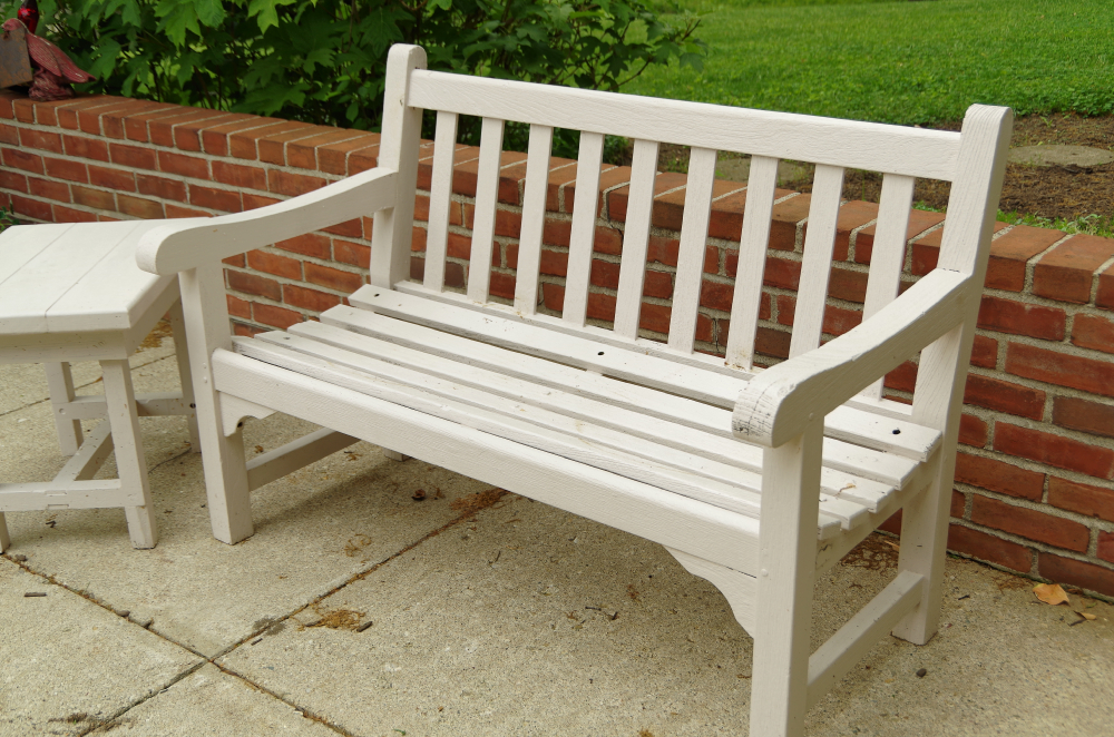 Wooden Patio Bench and Side Table with White Painted Finish