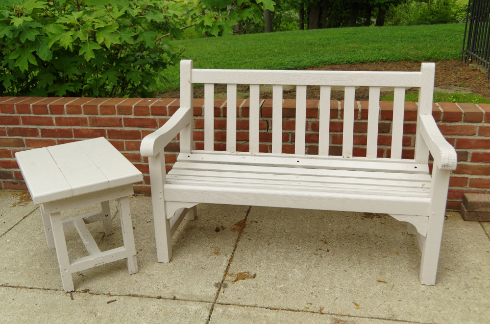 Wooden Patio Bench and Side Table with White Painted Finish