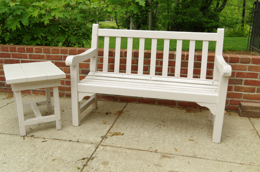 Wooden Patio Bench and Side Table with White Painted Finish