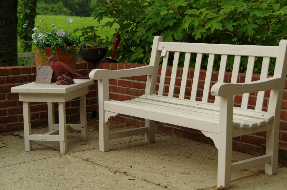 Wooden Patio Bench and Side Table with White Painted Finish