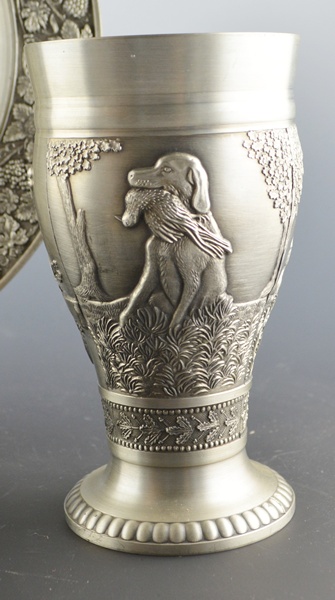 Original Zinn Becker Stuttgart Pewter Plate and Hunting Scene Cup