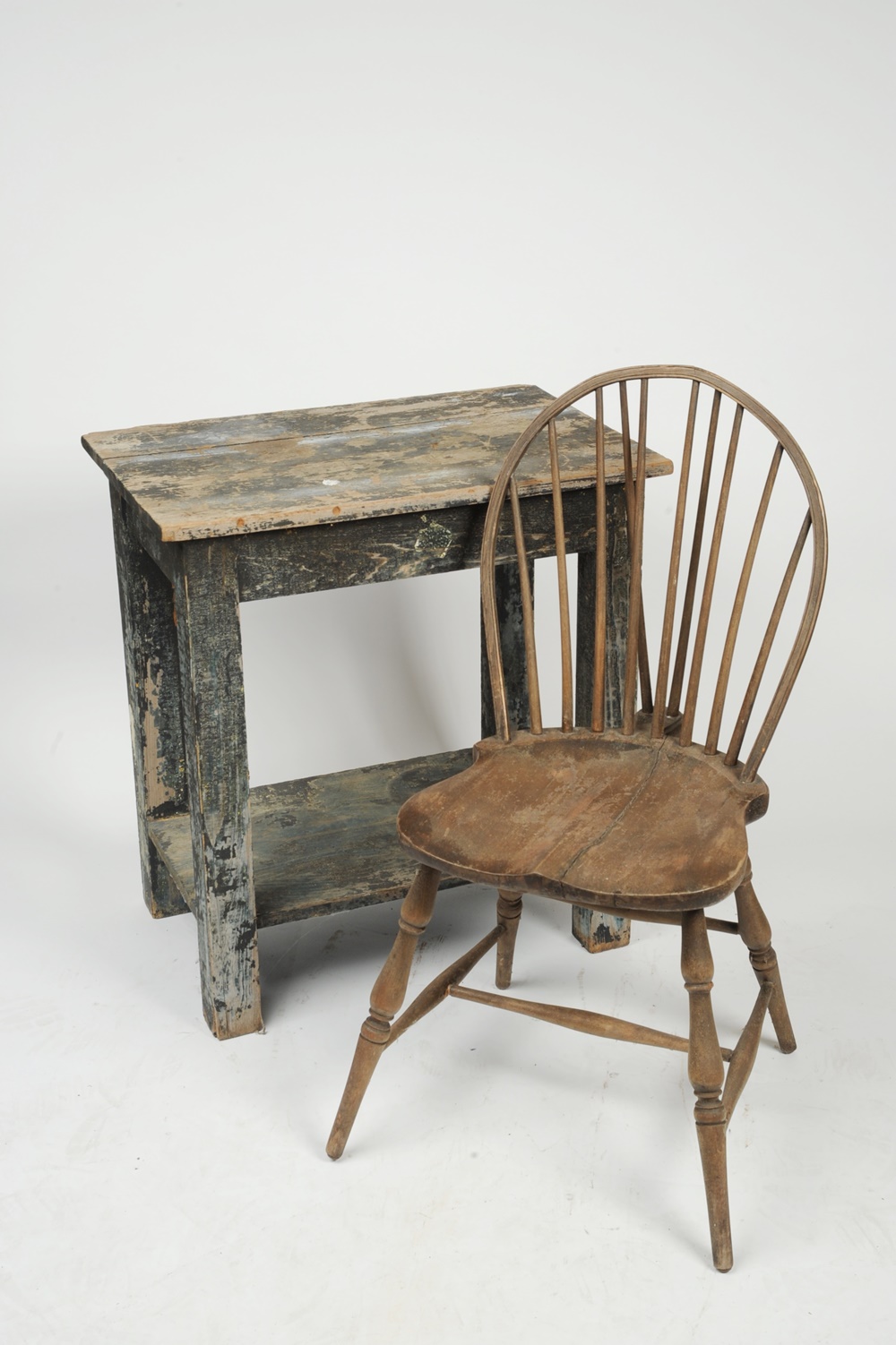 Primitive Style Work Table & Hoop Back Windsor Style Chair