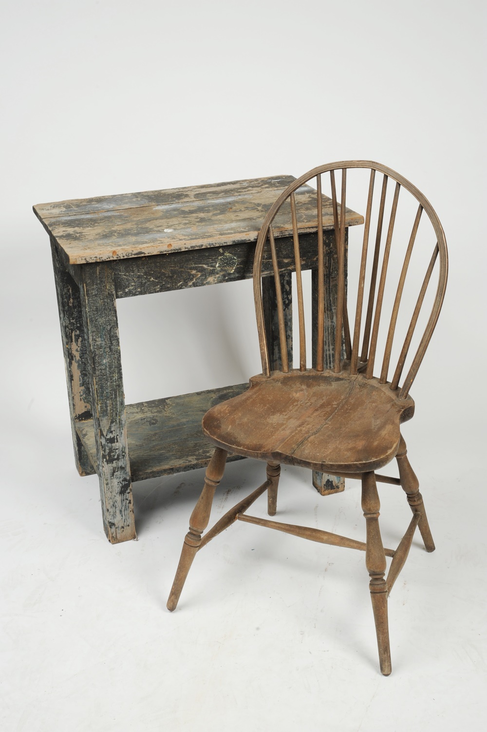 Primitive Style Work Table & Hoop Back Windsor Style Chair