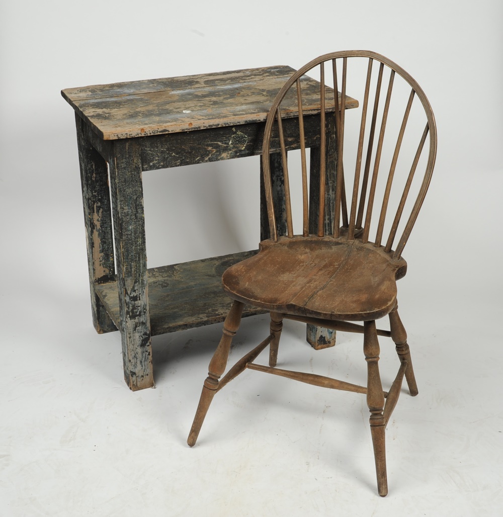 Primitive Style Work Table & Hoop Back Windsor Style Chair