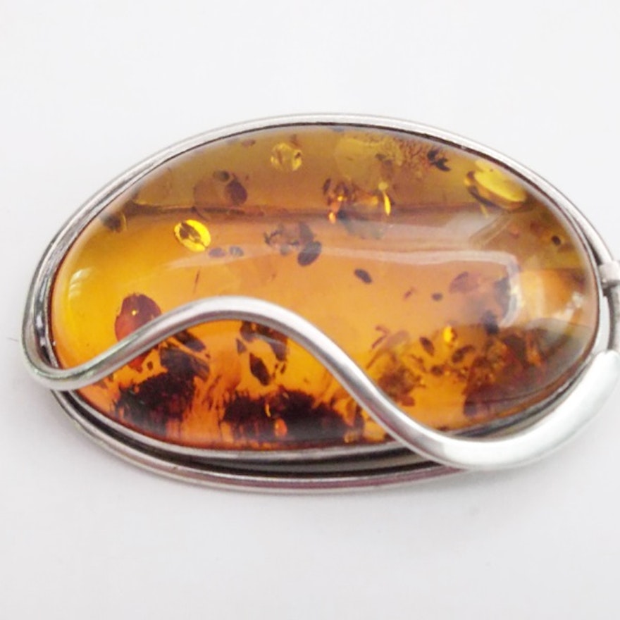 Sterling Silver and Amber Brooch