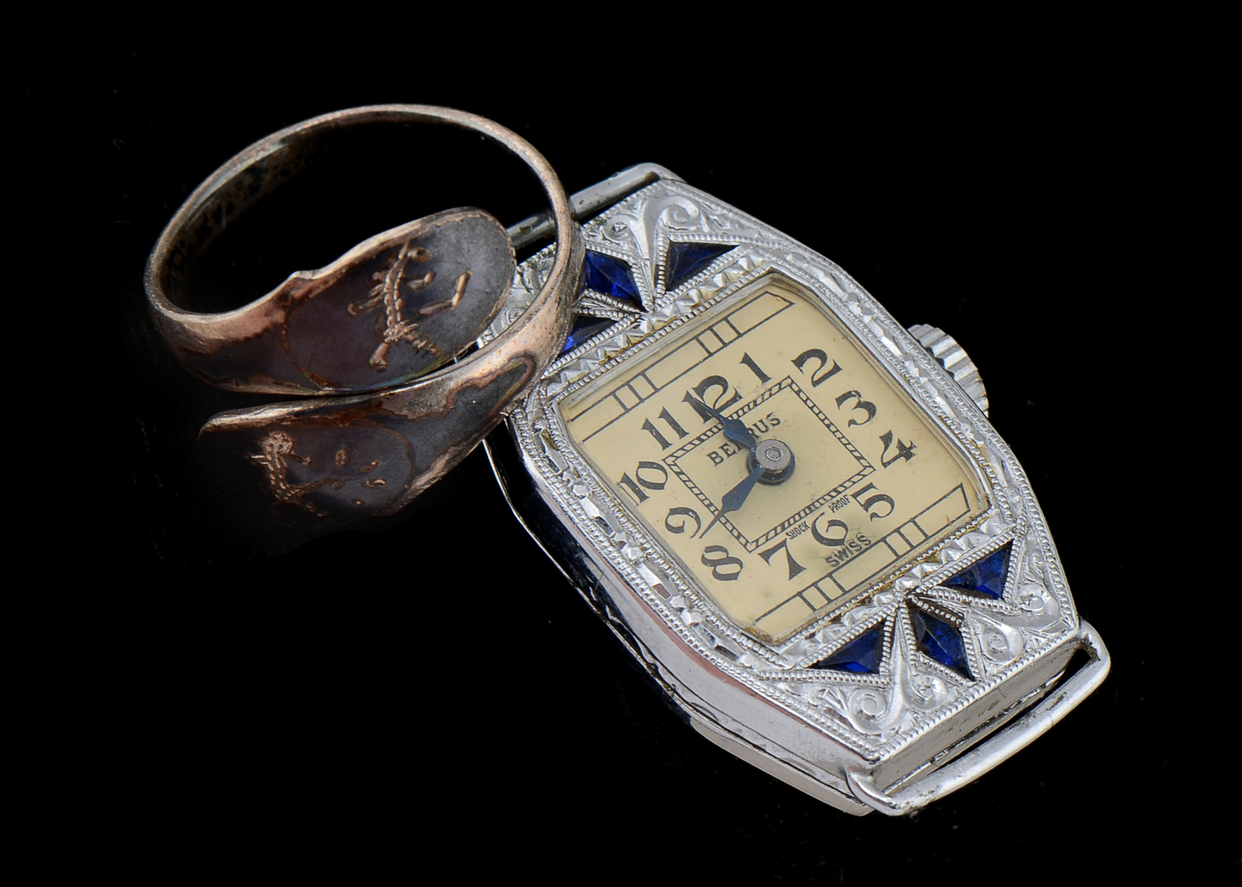 Edwardian Benrus Watch Face and Siam Sterling Ring