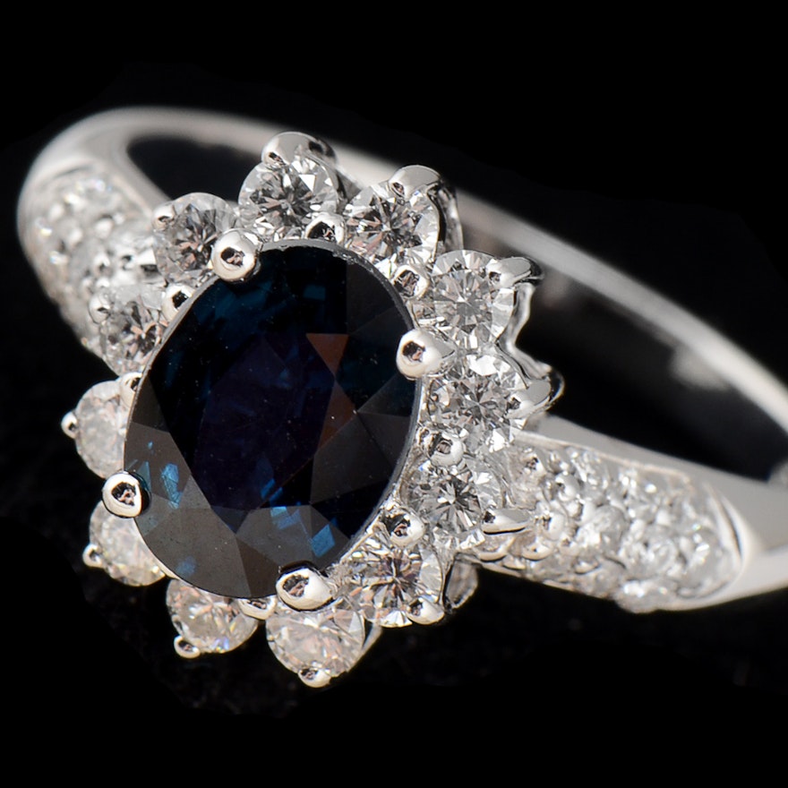 14K White Gold Blue Sapphire and Diamond Ring