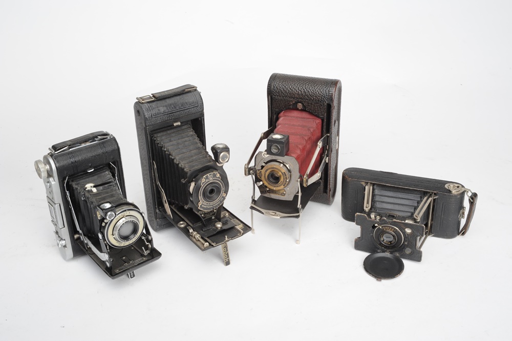 Four Vintage Folding Bed Cameras By Kodak & Ansco