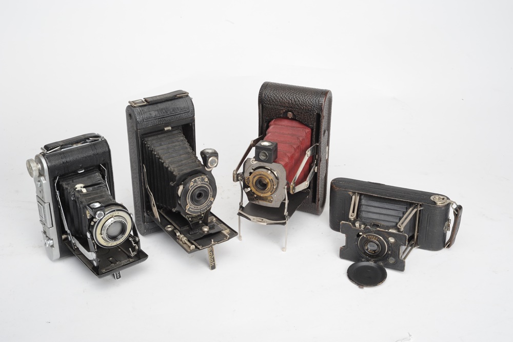 Four Vintage Folding Bed Cameras By Kodak & Ansco