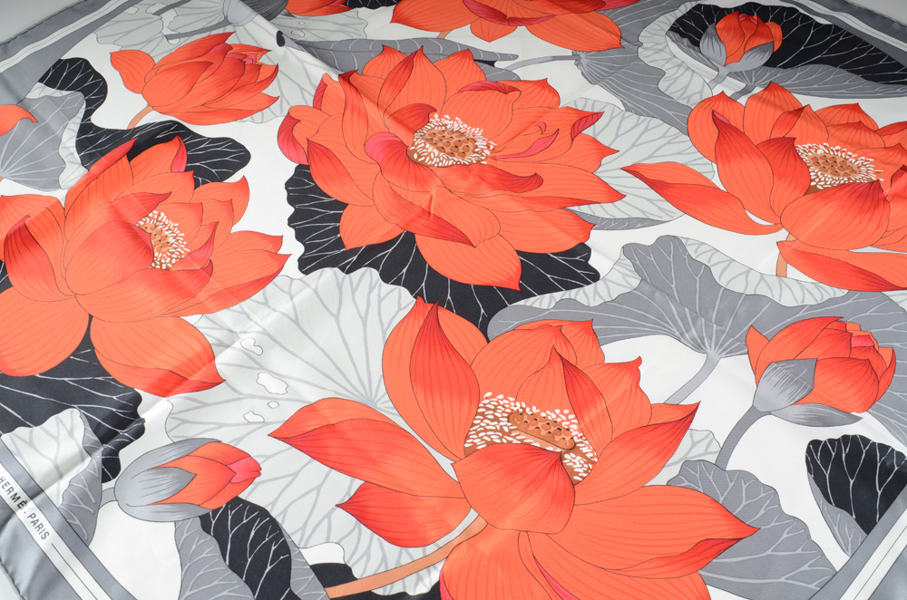 Hermes of Paris "Fleurs de Lotus" 100% Silk Soile Scarf