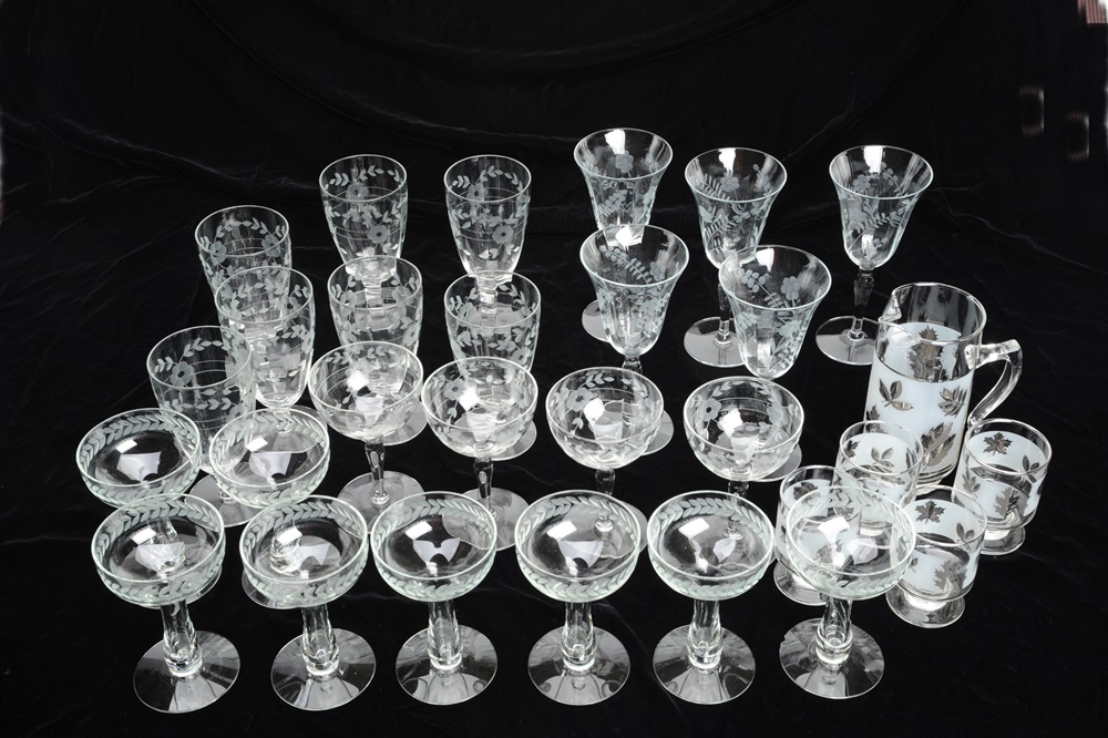 Vintage Etched Glassware & Libbey "Silver Foliage" Glassware