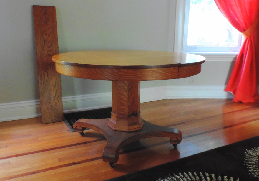 Antique Quarter Sawn Oak Pedestal Dining Table with Three Leaves