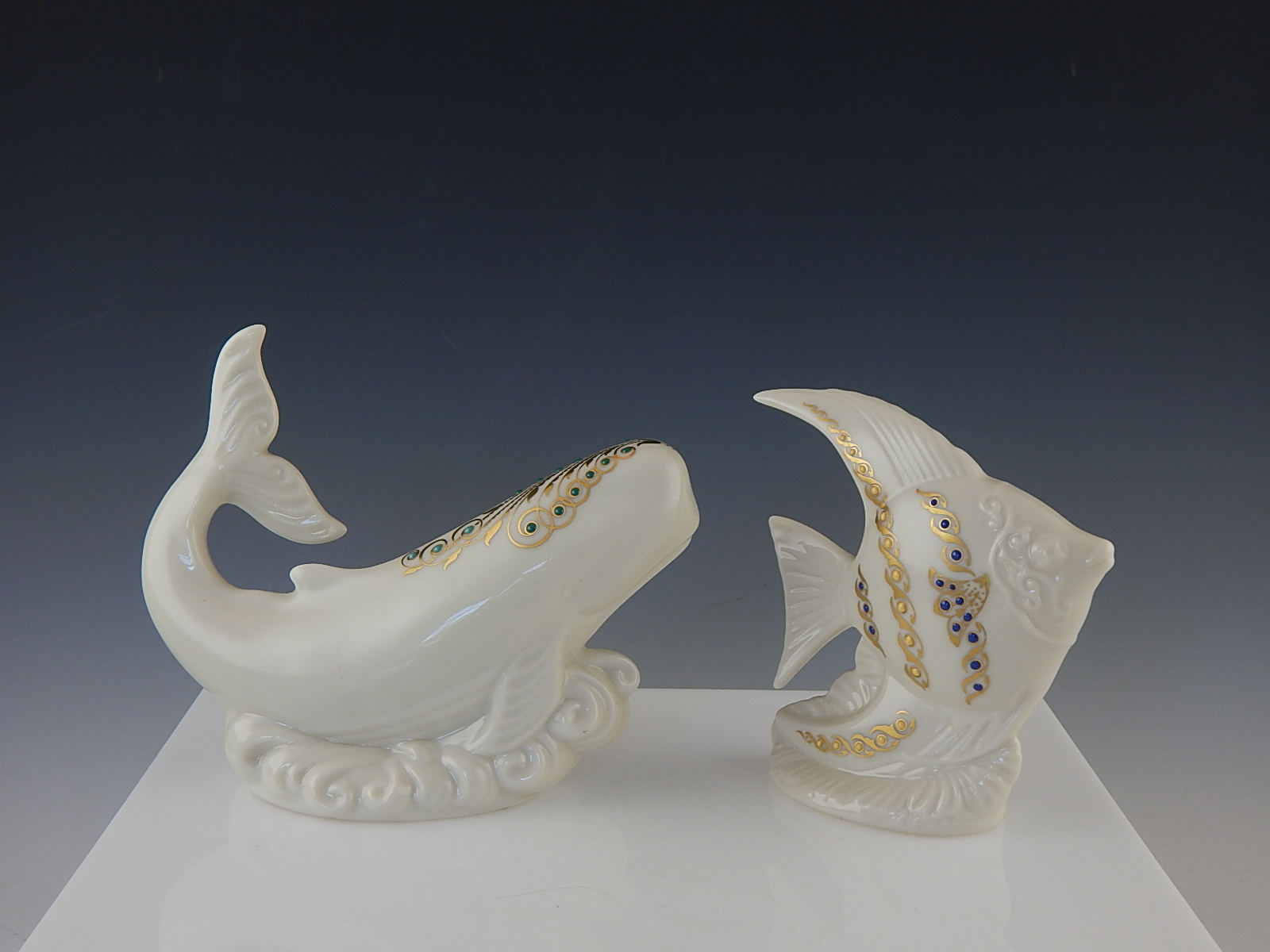 Five Lenox China Figurines- Penquin, Dolphin, Swan, Narwhal, Fish