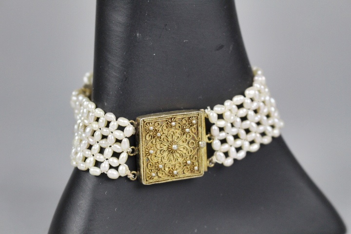 Silver w/ Gold Wash Vintage Bracelet with Freshwater Pearls