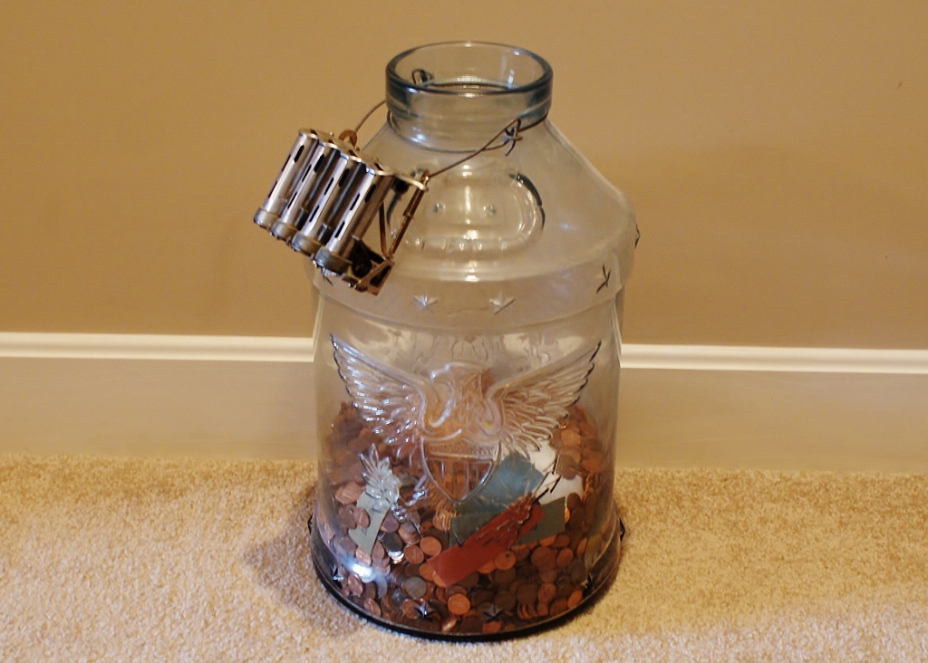 Vintage Glass Pickle Jar With Pennies and Mechanical Dispenser