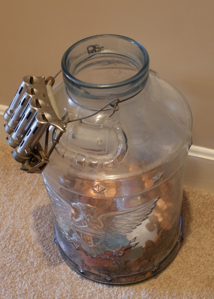 Vintage Glass Pickle Jar With Pennies and Mechanical Dispenser