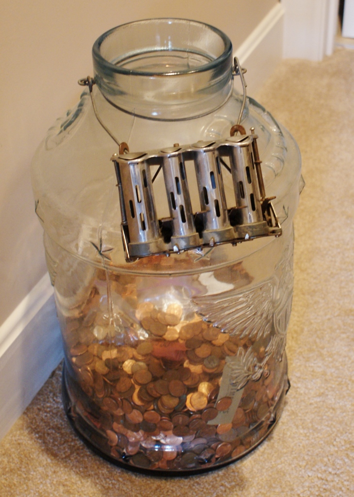 Vintage Glass Pickle Jar With Pennies and Mechanical Dispenser