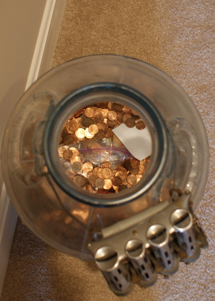 Vintage Glass Pickle Jar With Pennies and Mechanical Dispenser