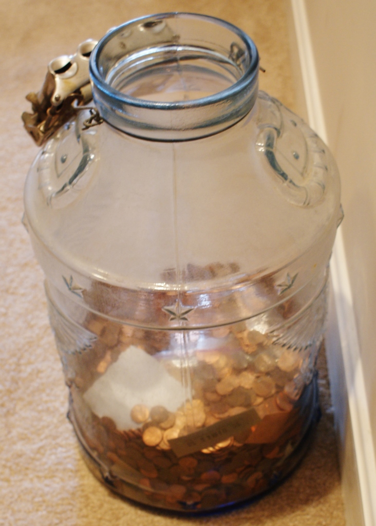 Vintage Glass Pickle Jar With Pennies and Mechanical Dispenser