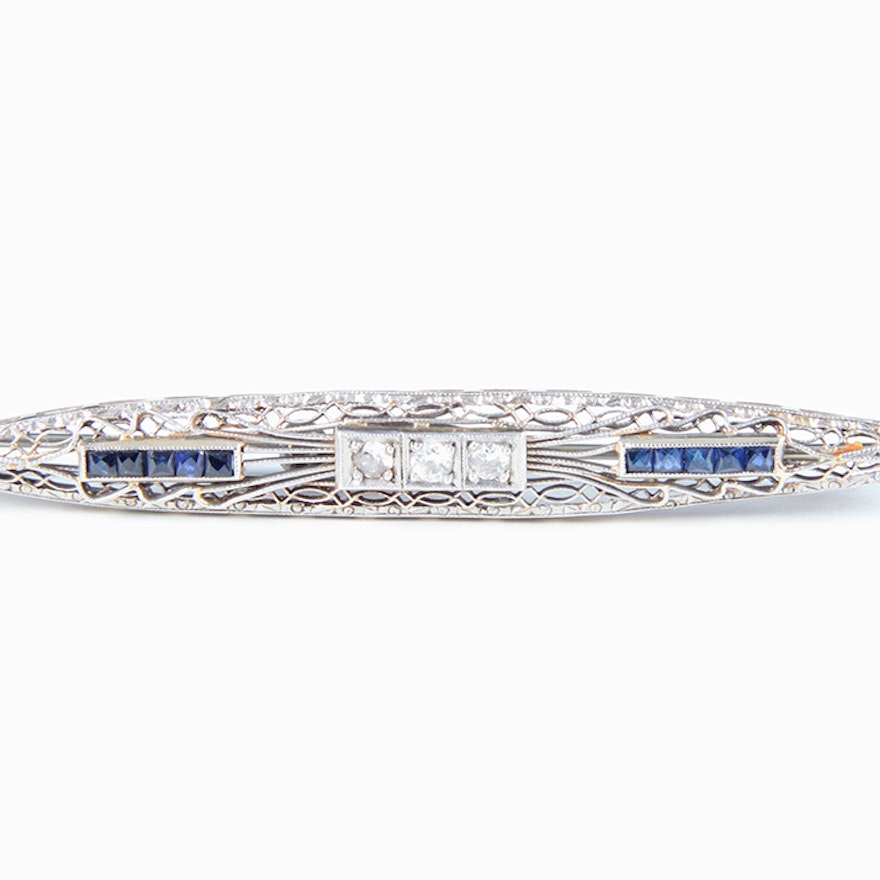 Vintage White Gold Brooch with Sapphire and Diamonds