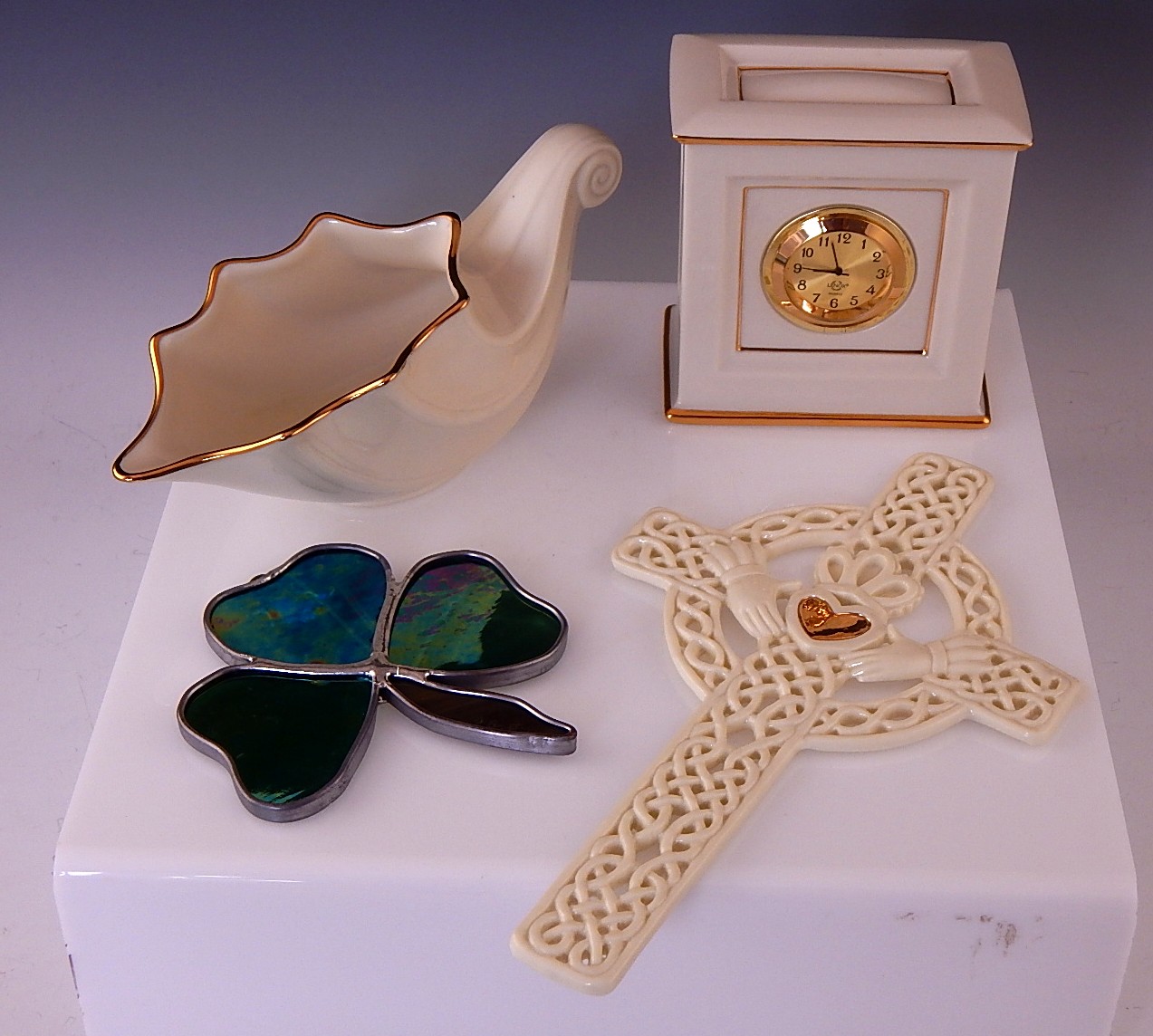 Lenox China Celtic Cross, Shell Vase, Clock, and Glass Clover