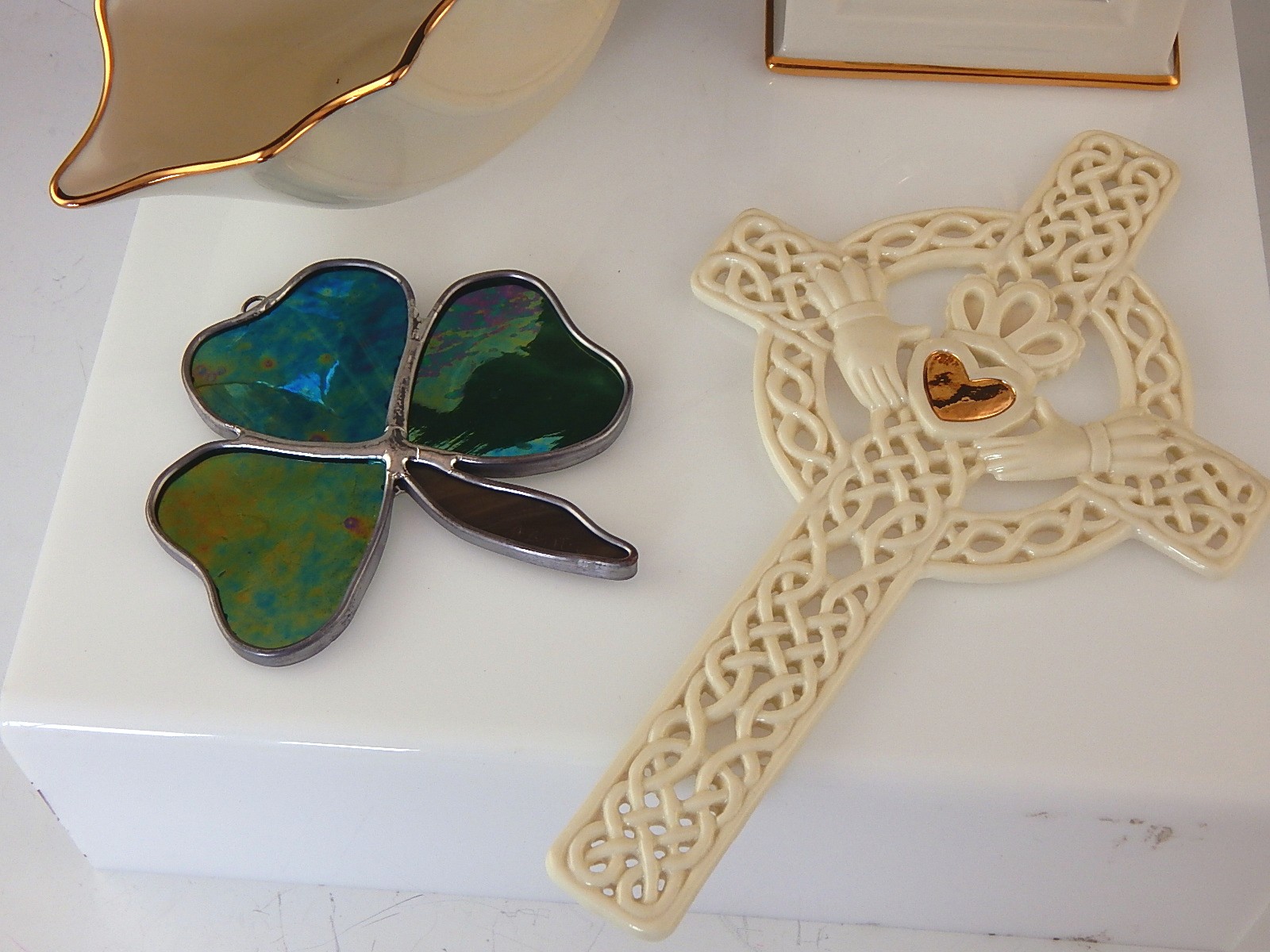 Lenox China Celtic Cross, Shell Vase, Clock, and Glass Clover