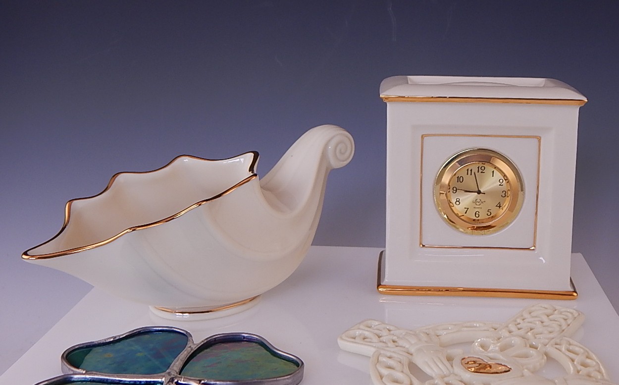 Lenox China Celtic Cross, Shell Vase, Clock, and Glass Clover