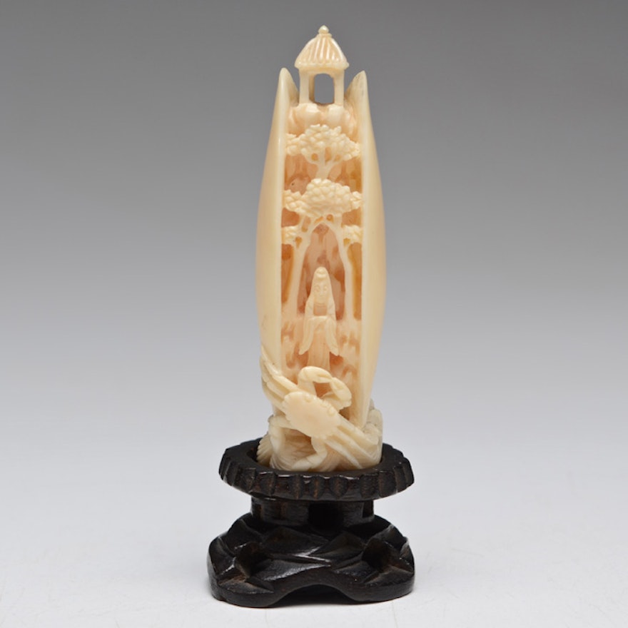 Vintage Japanese Carved Ivory Okimono Statue with Rosewood Base