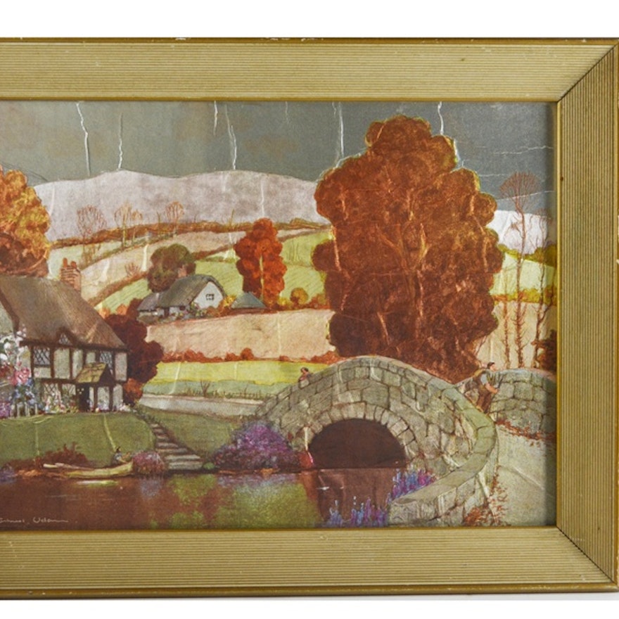 Framed Foil Art with Cottage and Bridge