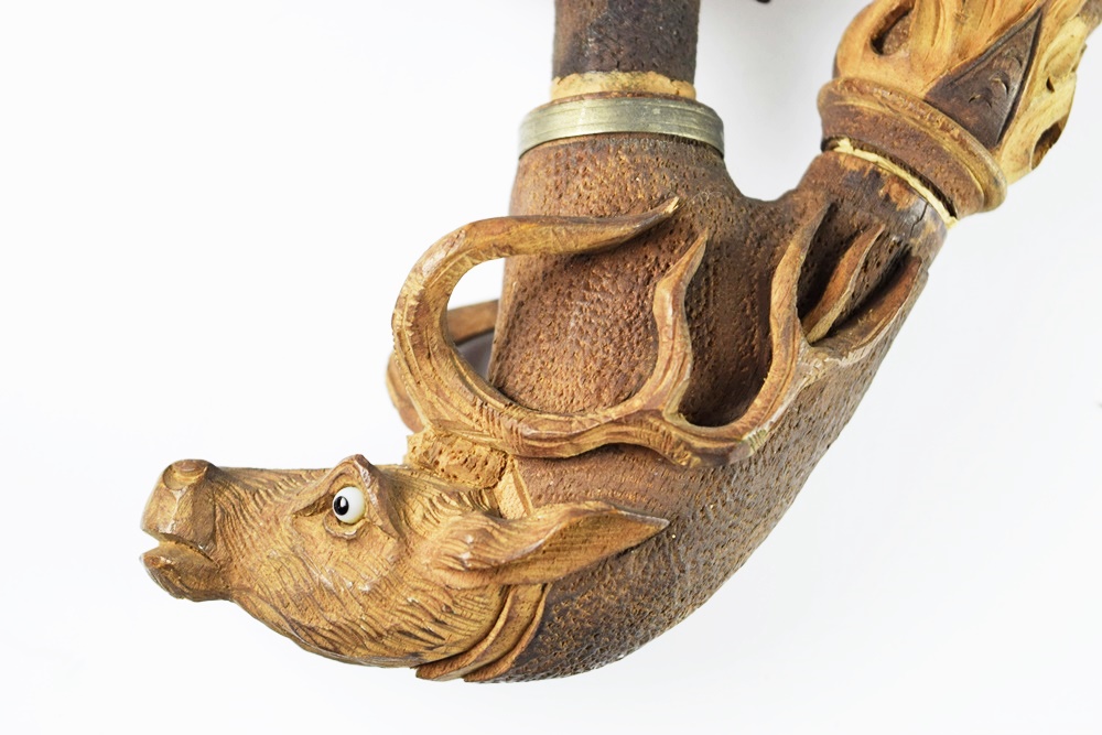Rare German Black Forest Carved Wood & Horn Stag Pipe Dated 1896