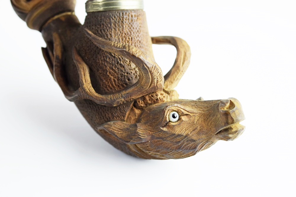Rare German Black Forest Carved Wood & Horn Stag Pipe Dated 1896