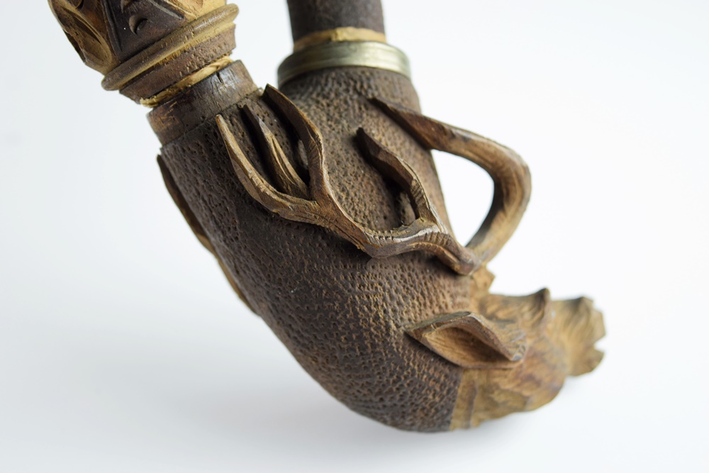 Rare German Black Forest Carved Wood & Horn Stag Pipe Dated 1896