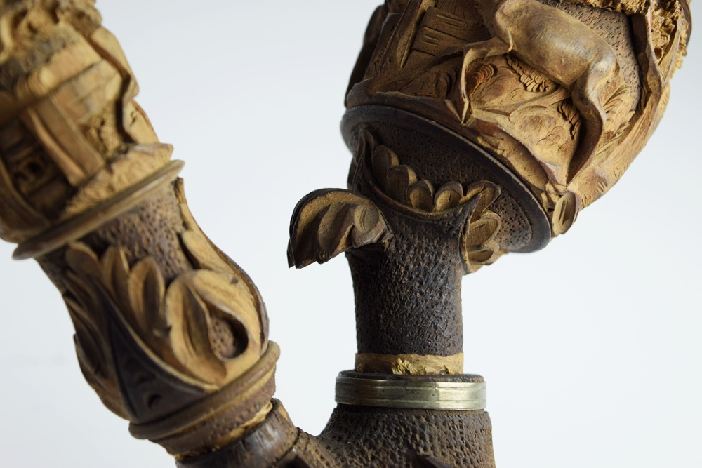 Rare German Black Forest Carved Wood & Horn Stag Pipe Dated 1896