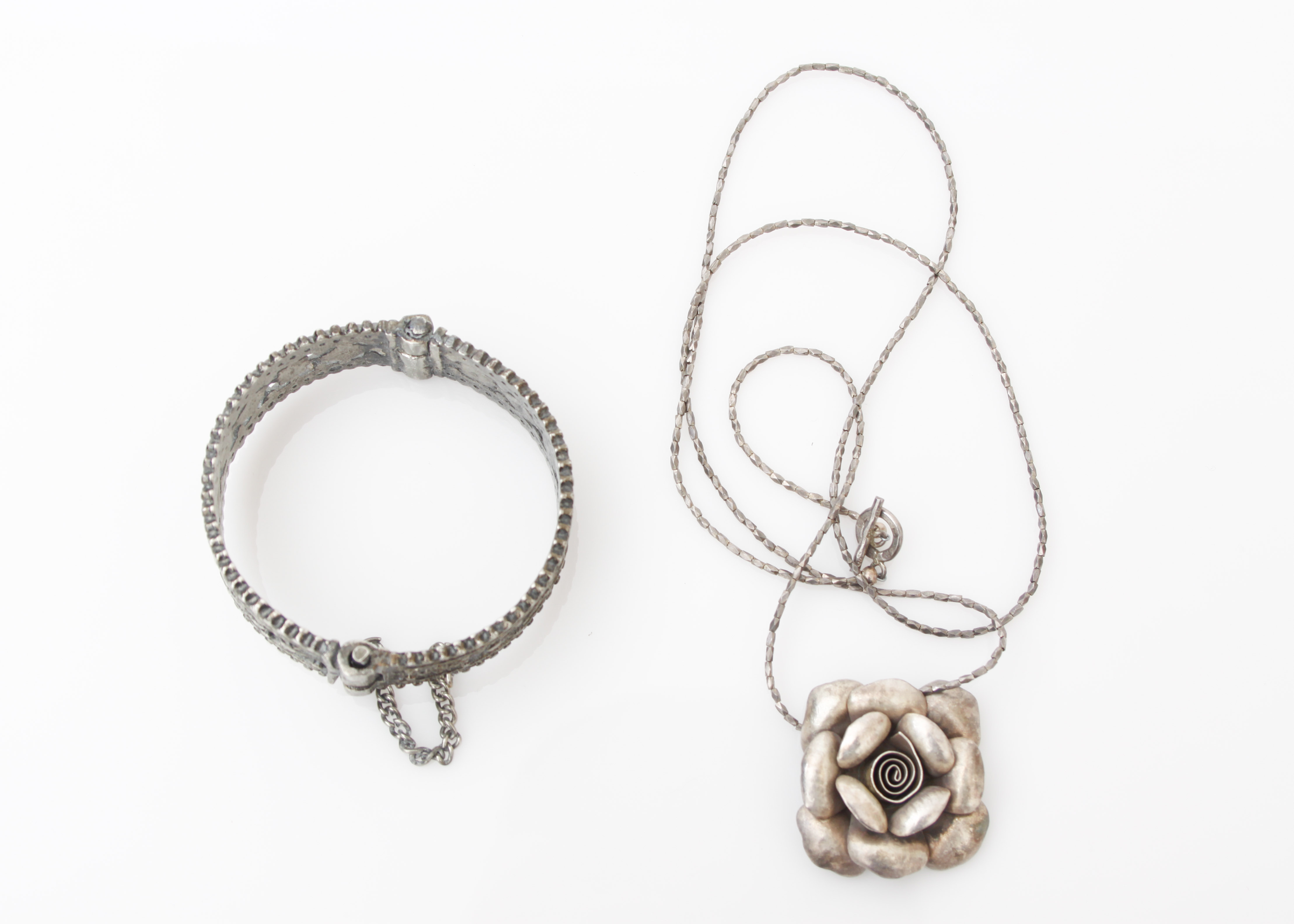 Silver Tone Rose Necklace and Hinged Cuff