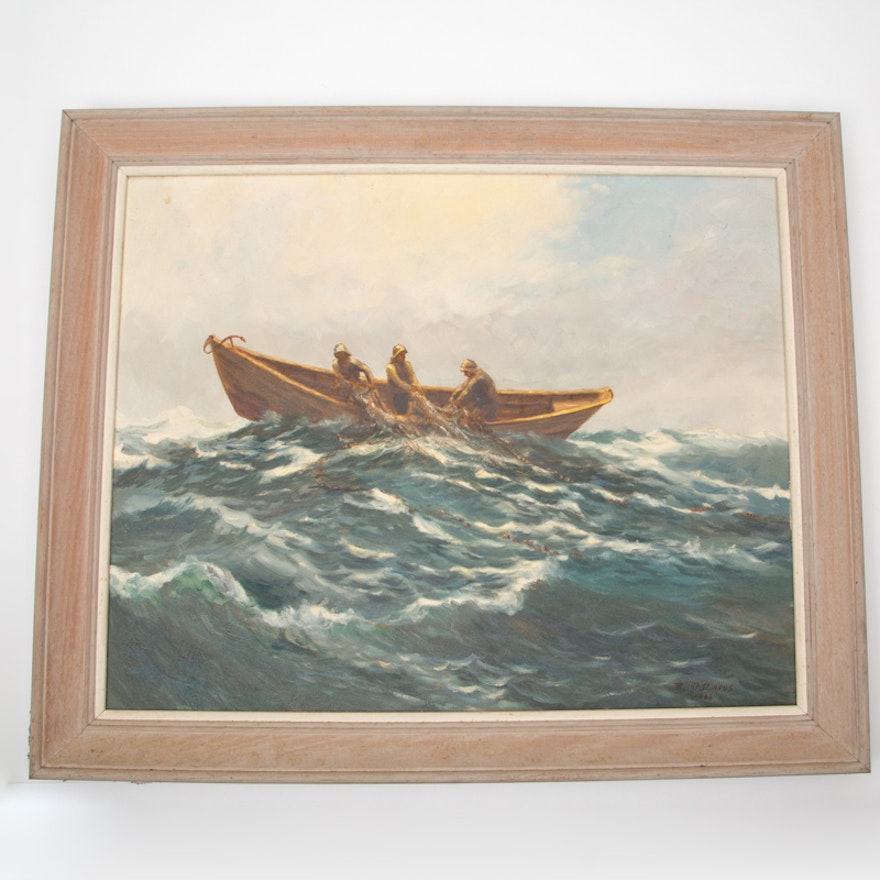 Richard Hasenfus Oil on Canvas Longboat Fishing Painting