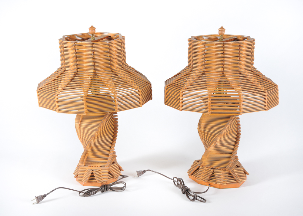 Pair of Folk Art Popsicle Stick Table Lamps