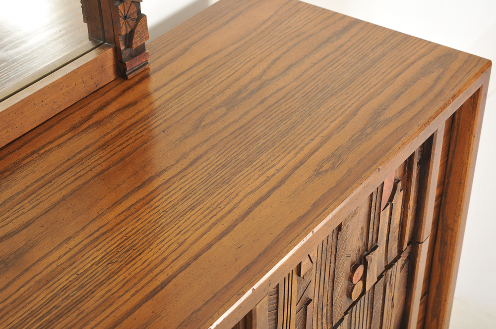 Oak Brutalist Dresser and Mirror by Lane