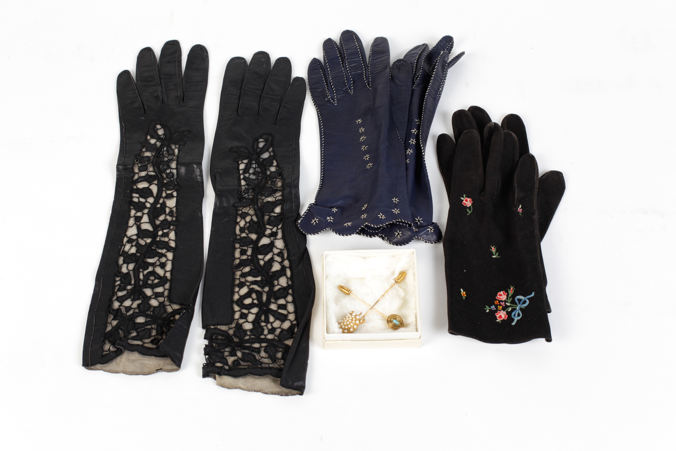 Collection of Vintage Kid Gloves and Stickpins