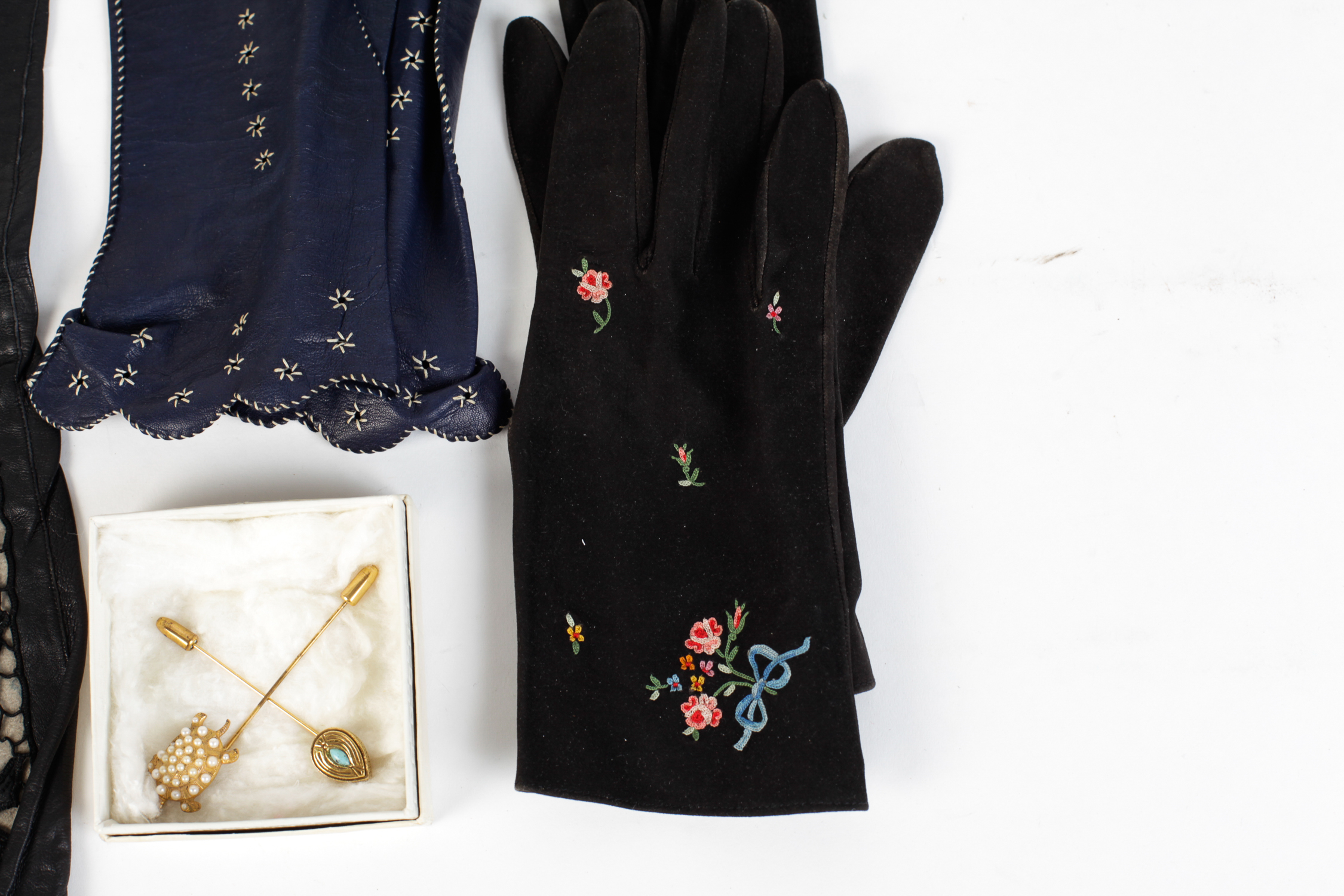 Collection of Vintage Kid Gloves and Stickpins
